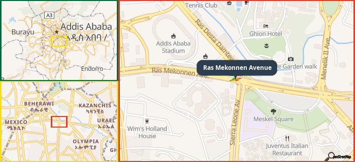 Map showing the address of Ras Mekonnen Avenue in three different zoom levels.