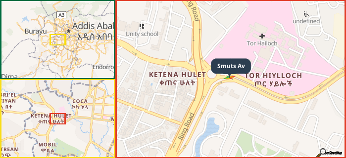 Map showing the address of Smuts Av in three different zoom levels.