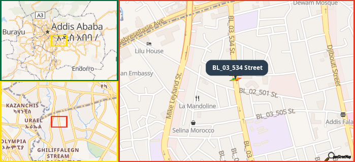 Map showing the address of BL_03_534 Street in three different zoom levels.