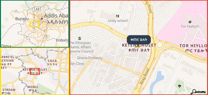 Map showing the address of ቀጠና ሁለት in three different zoom levels.