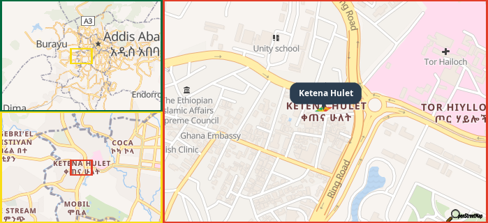 Map showing the address of Ketena Hulet in three different zoom levels.