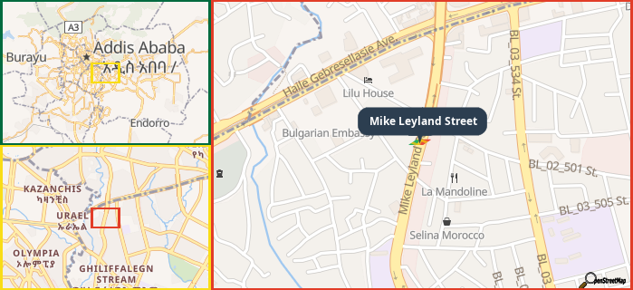 Map showing the address of Mike Leyland Street in three different zoom levels.