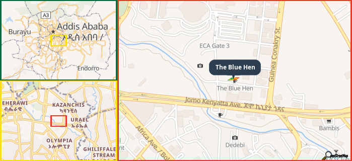 Map showing the address of The Blue Hen in three different zoom levels.