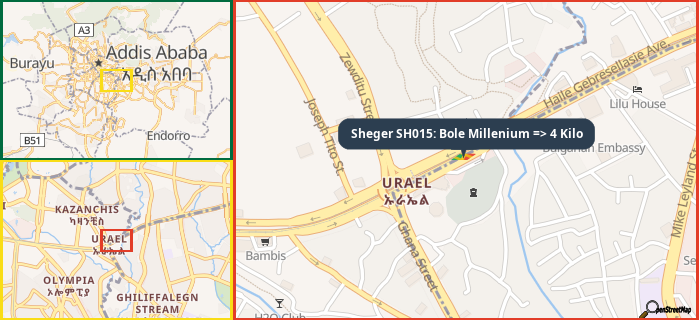 Map showing the address of Sheger SH015: Bole Millenium => 4 Kilo in three different zoom levels.