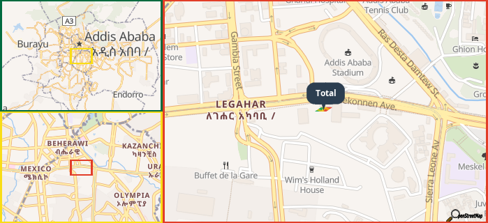 Map showing the address of Total in three different zoom levels.