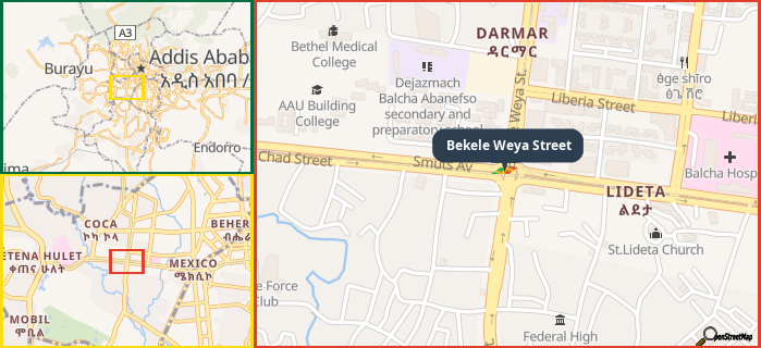 Map showing the address of Bekele Weya Street in three different zoom levels.