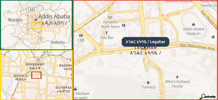Map showing the address of ለገሐር አካባቢ / Legahar in three different zoom levels.
