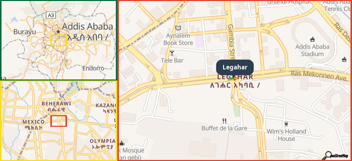 Map showing the address of Legahar in three different zoom levels.