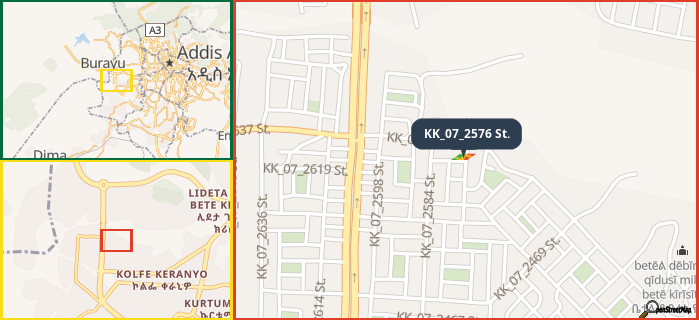 Map showing the address of KK_07_2576 St. in three different zoom levels.