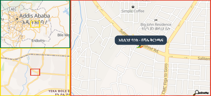 Map showing the address of አቢሲንያ ባንክ - በሻሌ ቅርንጫፍ in three different zoom levels.