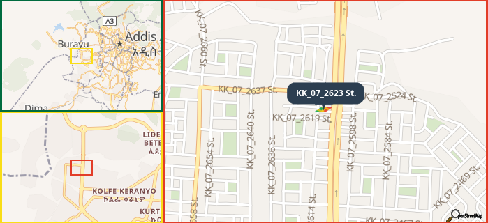 Map showing the address of KK_07_2623 St. in three different zoom levels.