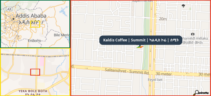 Map showing the address of Kaldis Coffee | Summit | ካልዲስ ኮፊ | ሰሚት in three different zoom levels.