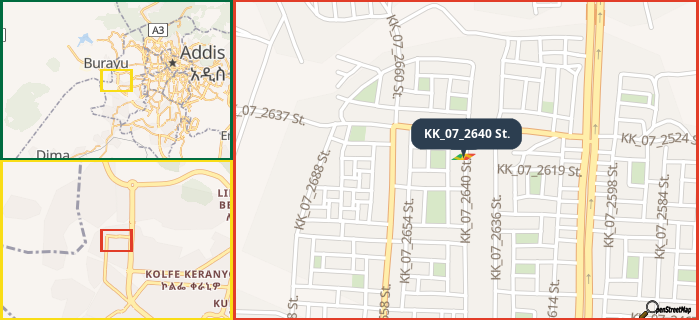 Map showing the address of KK_07_2640 St. in three different zoom levels.