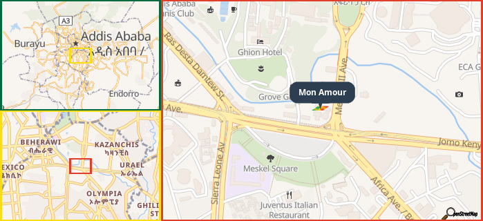 Map showing the address of Mon Amour in three different zoom levels.