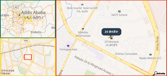 Map showing the address of 24 መስጅድ in three different zoom levels.