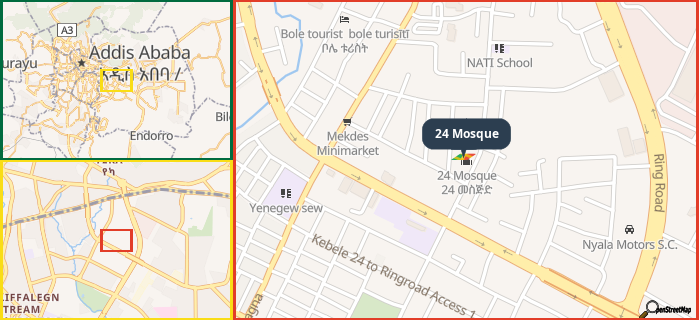 Map showing the address of 24 Mosque in three different zoom levels.