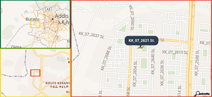 Map showing the address of KK_07_2621 St. in three different zoom levels.