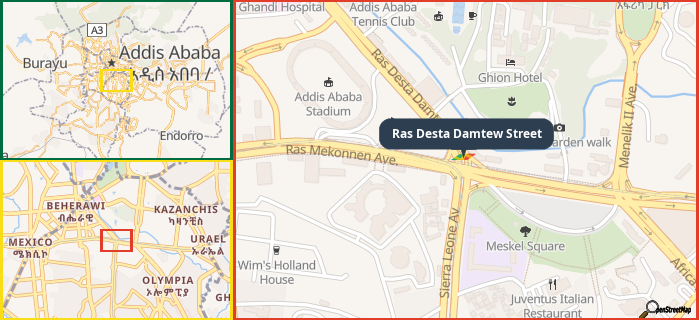 Map showing the address of Ras Desta Damtew Street in three different zoom levels.