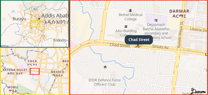 Map showing the address of Chad Street in three different zoom levels.