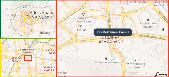 Map showing the address of Ras Mekonnen Avenue in three different zoom levels.