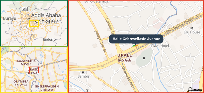 Map showing the address of Haile Gebresellasie Avenue in three different zoom levels.