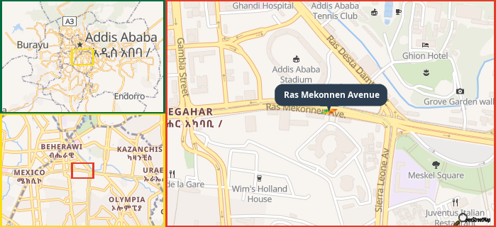 Map showing the address of Ras Mekonnen Avenue in three different zoom levels.