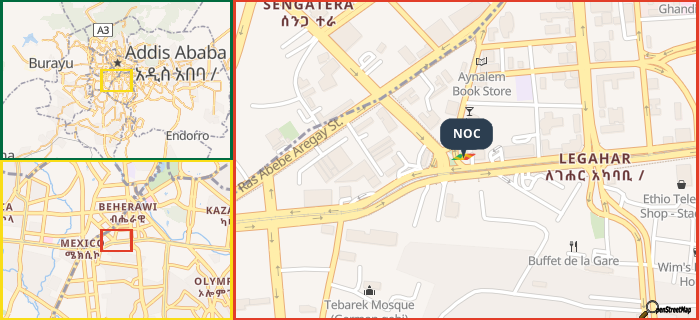 Map showing the address of NOC in three different zoom levels.