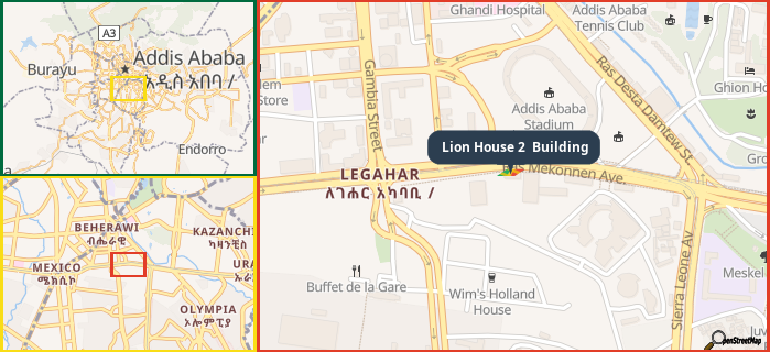 Map showing the address of Lion House 2  Building in three different zoom levels.