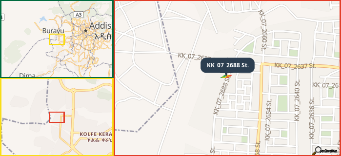 Map showing the address of KK_07_2688 St. in three different zoom levels.