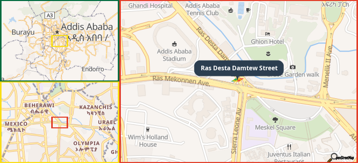 Map showing the address of Ras Desta Damtew Street in three different zoom levels.