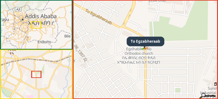 Map showing the address of To Egzabheraab in three different zoom levels.