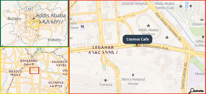 Map showing the address of Cosmos Cafe in three different zoom levels.