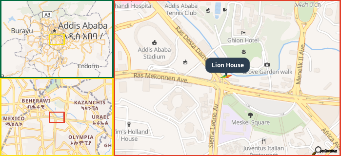 Map showing the address of Lion House in three different zoom levels.