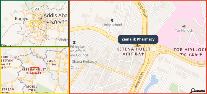 Map showing the address of Zamalik Pharmacy in three different zoom levels.