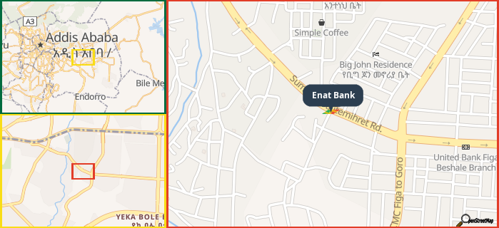 Map showing the address of Enat Bank in three different zoom levels.