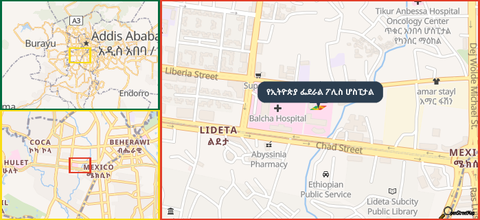 Map showing the address of የኢትዮጵያ ፌደራል ፖሊስ ሆስፒታል in three different zoom levels.