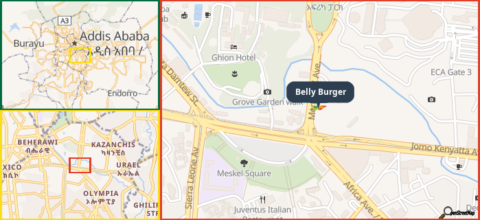 Map showing the address of Belly Burger in three different zoom levels.