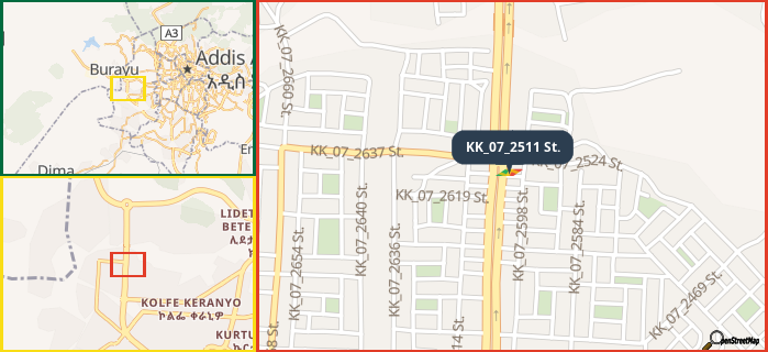 Map showing the address of KK_07_2511 St. in three different zoom levels.