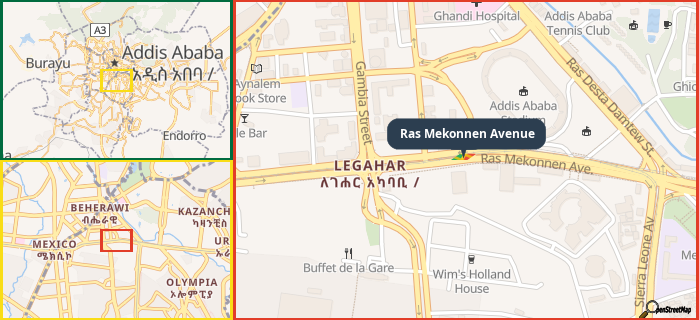 Map showing the address of Ras Mekonnen Avenue in three different zoom levels.