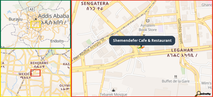 Map showing the address of Shemendefer Cafe & Restaurant in three different zoom levels.