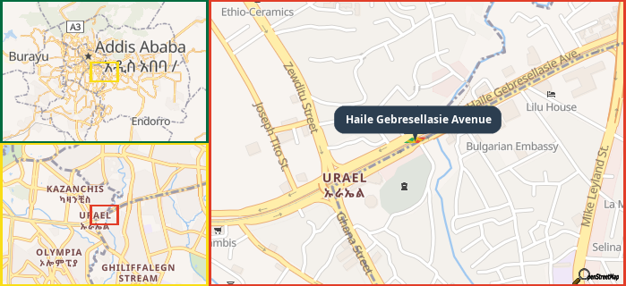 Map showing the address of Haile Gebresellasie Avenue in three different zoom levels.