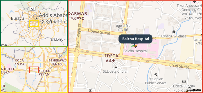 Map showing the address of Balcha Hospital in three different zoom levels.