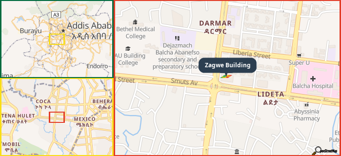 Map showing the address of Zagwe Building in three different zoom levels.