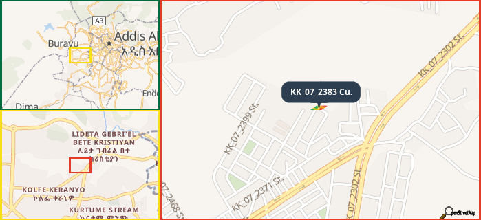 Map showing the address of KK_07_2383 Cu. in three different zoom levels.