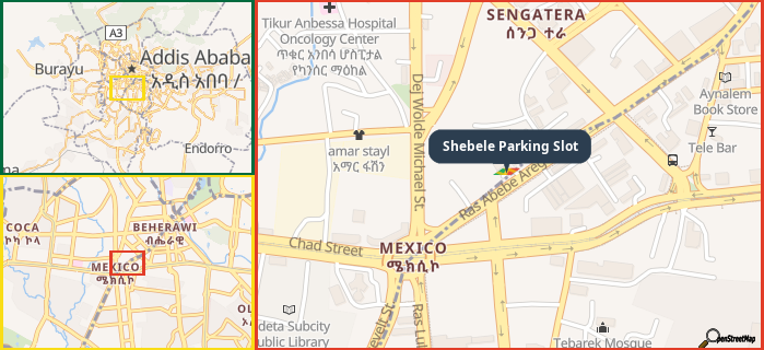 Map showing the address of Shebele Parking Slot in three different zoom levels.