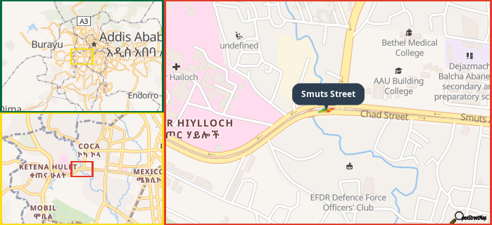 Map showing the address of Smuts Street in three different zoom levels.