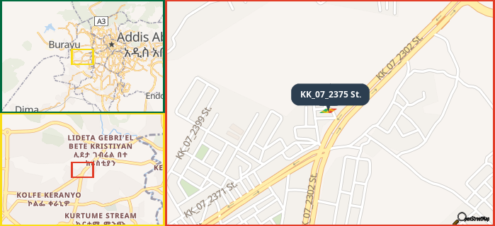 Map showing the address of KK_07_2375 St. in three different zoom levels.