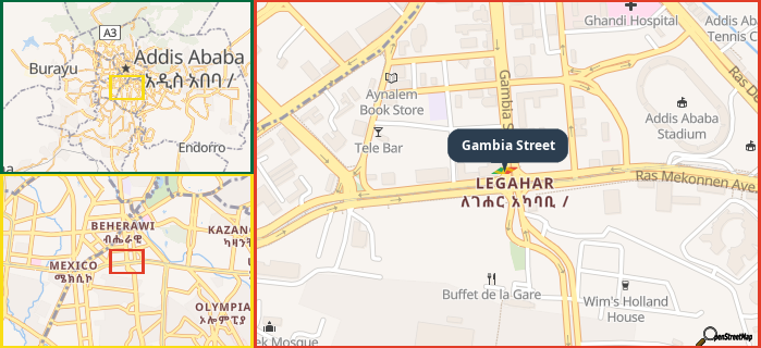 Map showing the address of Gambia Street in three different zoom levels.