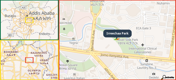 Map showing the address of Irreechaa Park in three different zoom levels.
