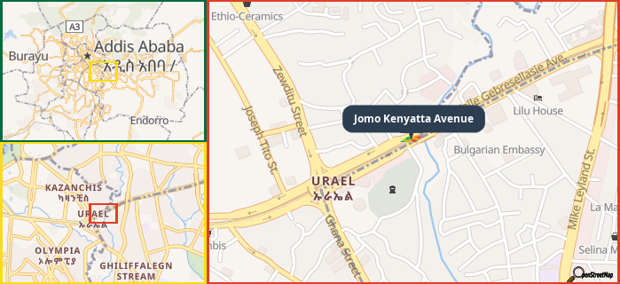 Map showing the address of Jomo Kenyatta Avenue in three different zoom levels.